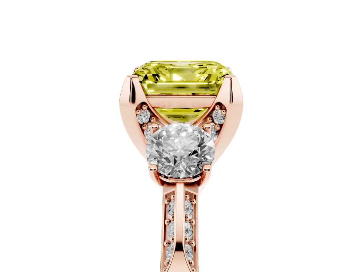 Fancy Yellow Asscher Cut Brilliant Three-Stone Diamond Ring with Pavé Band and Four-Prong Setting Rose gold