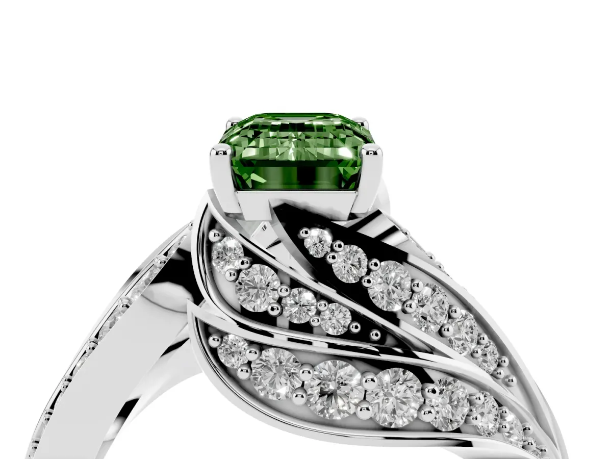 Fancy Green Emerald Cut Diamond Solitaire Ring with Prong Setting and Twisted Pavé Band Silver