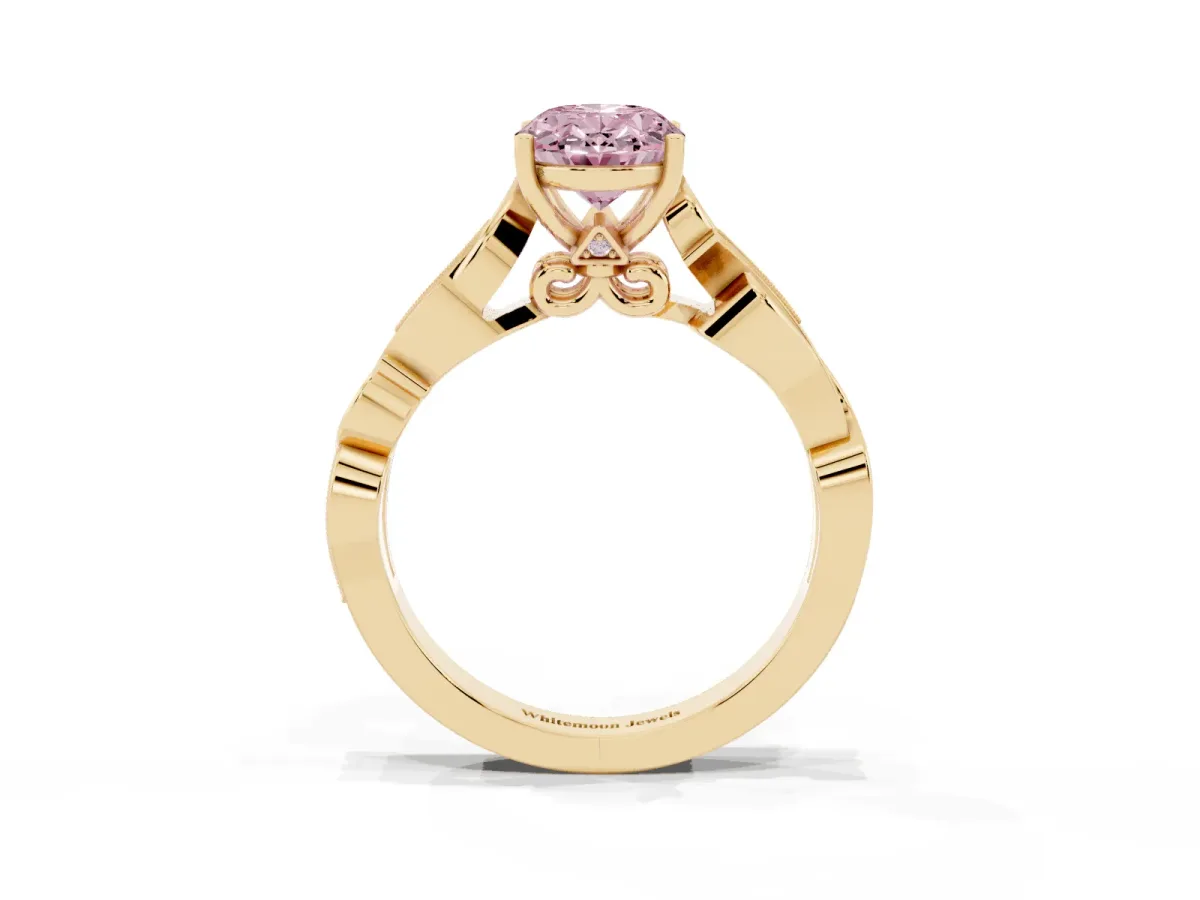 Fancy Pink Oval Cut Solitaire Vine Band with Milgrain Prong Setting Yellow gold