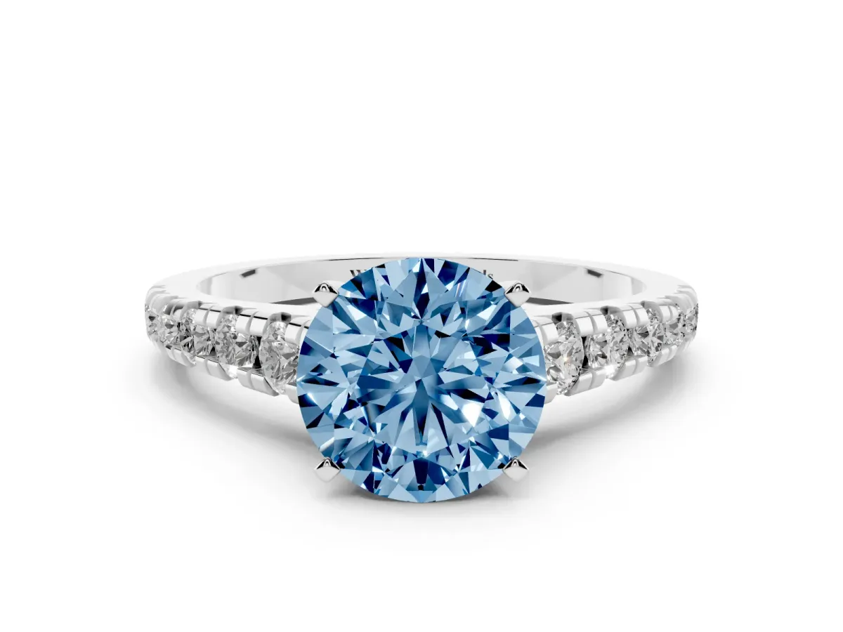 Fancy Blue Round Cut Diamond Cathedral Solitaire Ring with Round Pavé Band Silver