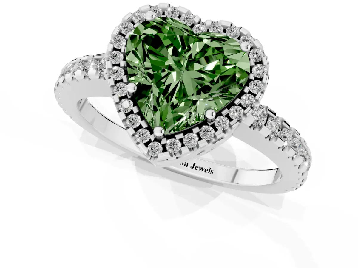 Fancy Green Heart Cut Diamond Halo Engagement Ring with Pavé Band and Prong Setting White gold