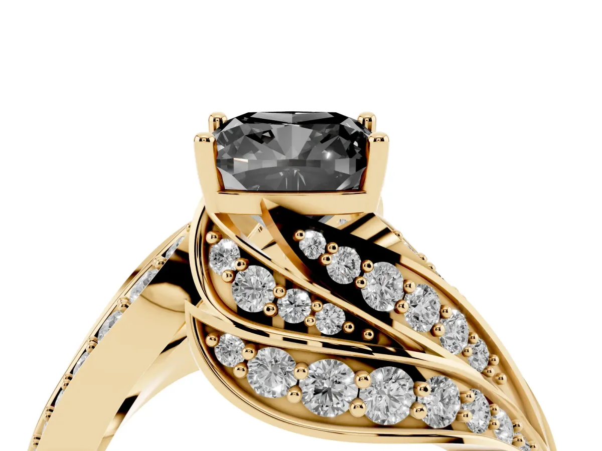 Fancy Black Cushion Cut Diamond Solitaire Ring with Prong Setting and Twisted Pavé Band Yellow gold