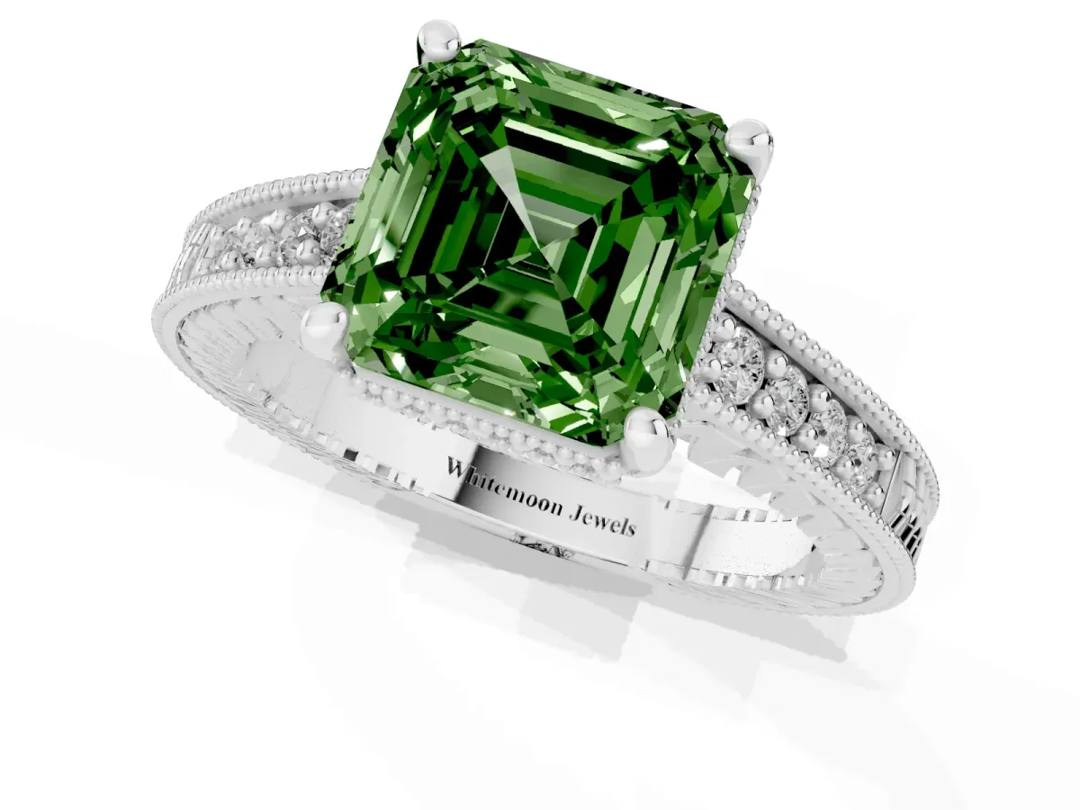 Fancy Green Asscher Cut Solitaire Pavé Diamond Milgrain Engagement Ring with Four-Prong Setting Silver