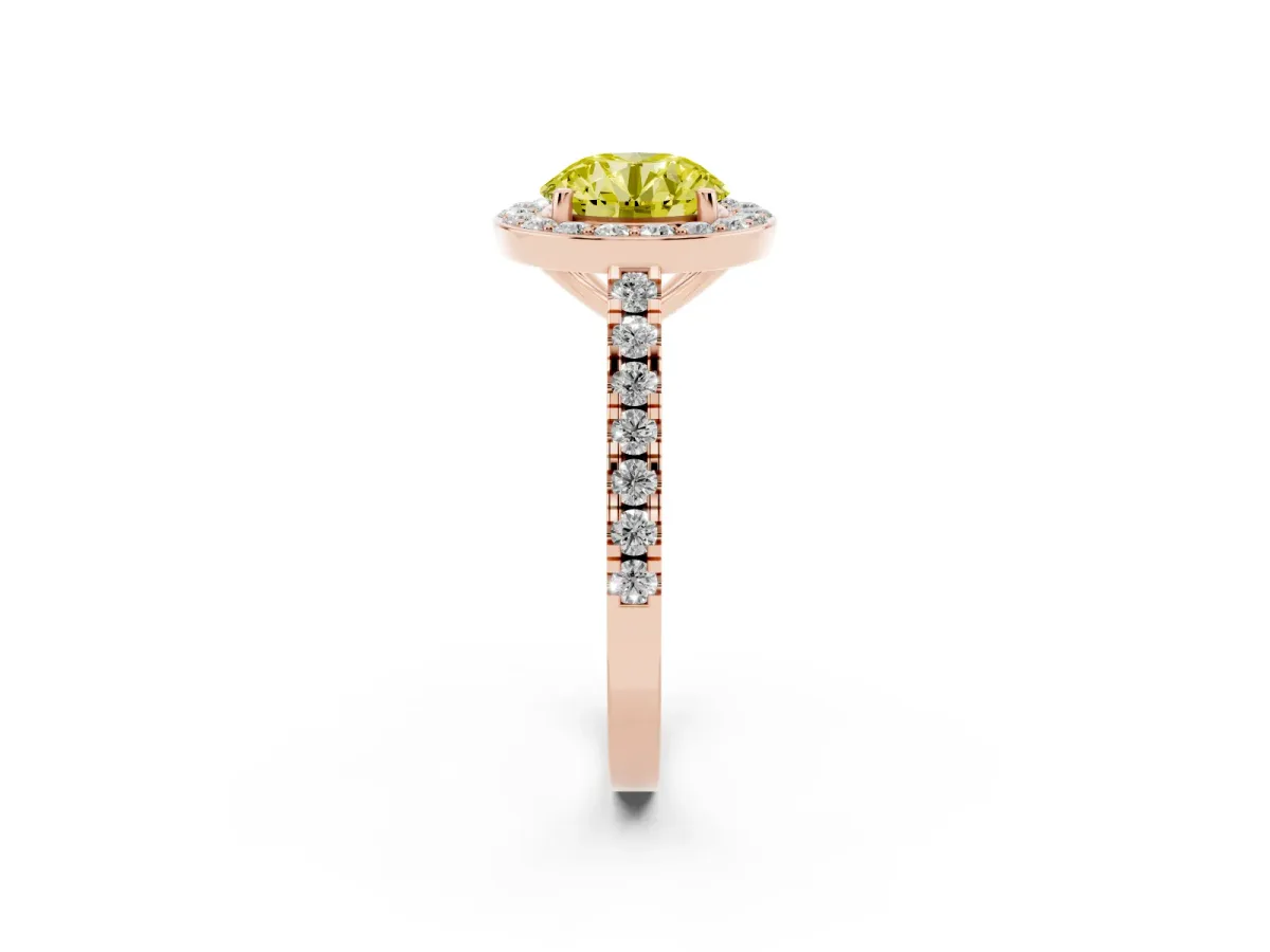 Fancy Yellow Round Cut Diamond Halo Ring with Round Pavé Split Shank and Prong Setting Rose gold