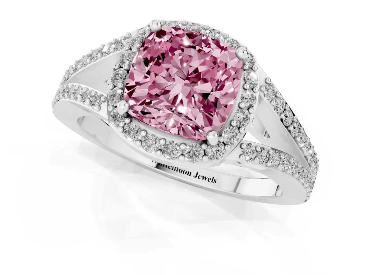 Fancy Pink Cushion Cut Halo Split Shank Diamond Ring with Prong Setting Silver