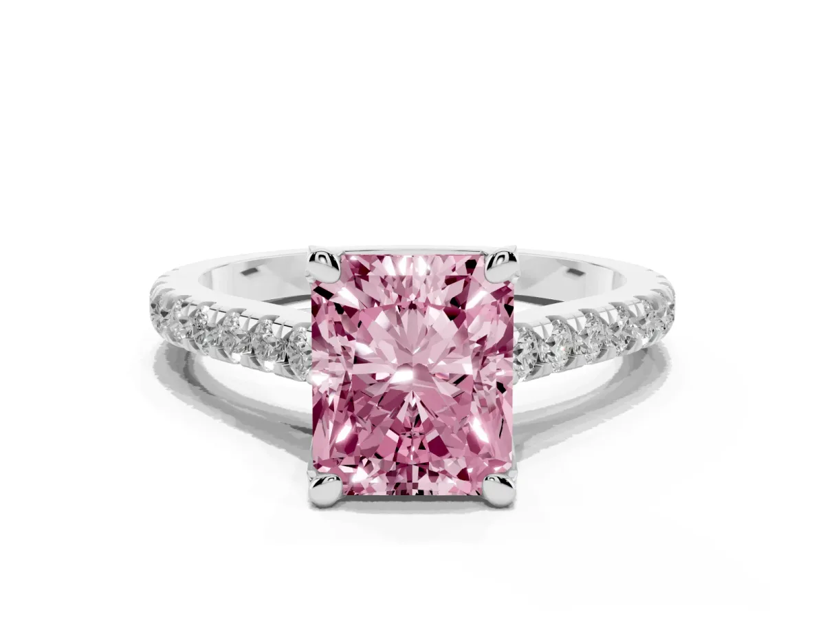 Fancy Pink Radiant Cut Brilliant Diamond Solitaire with Pavé Band and Four-Prong Setting Platinum