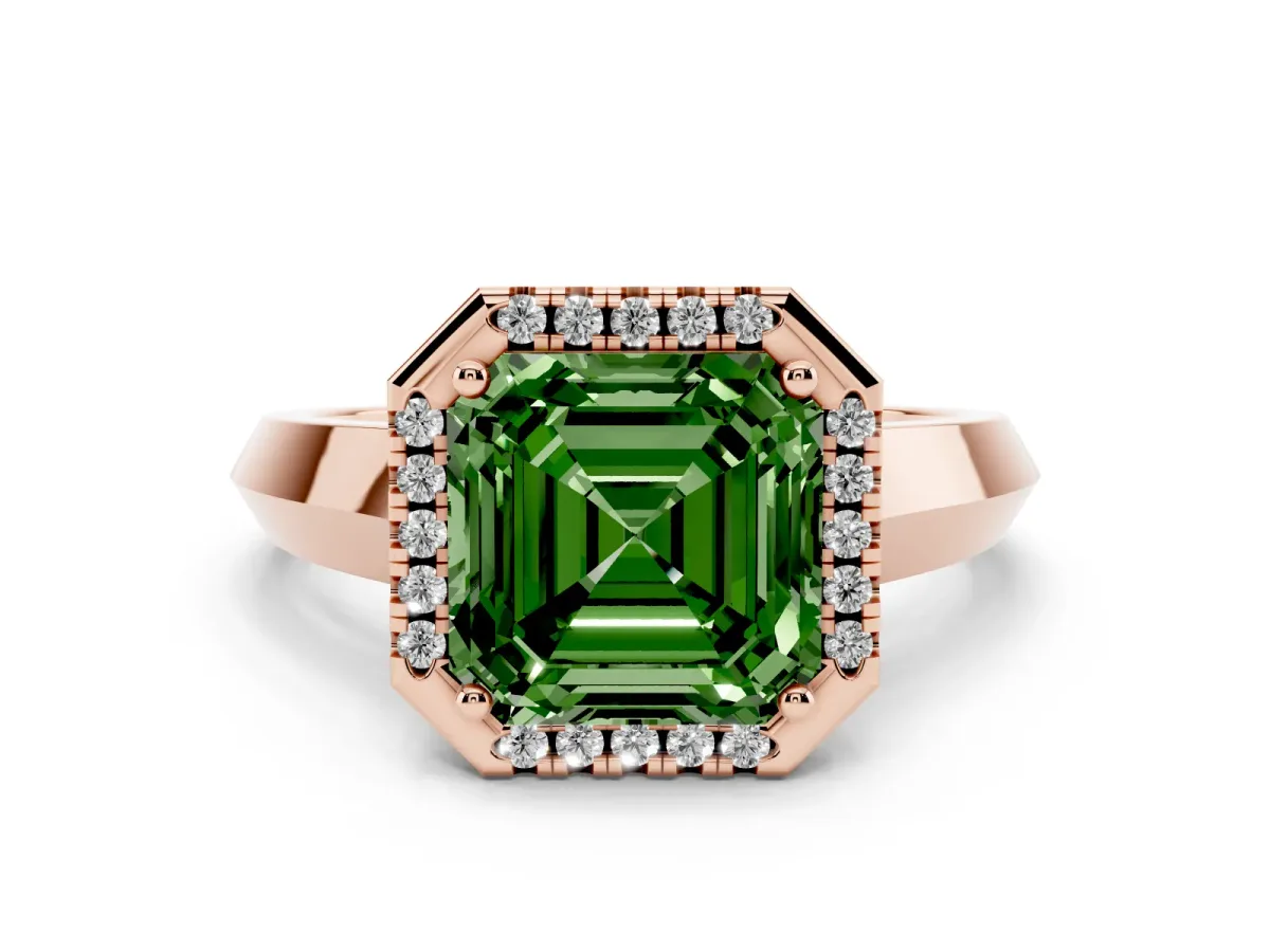 Fancy Green Asscher Cut Halo Diamond Ring with Cathedral Band and Four-Prong Setting Rose gold
