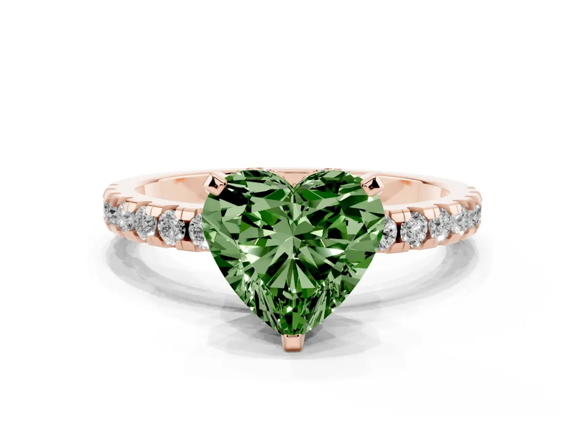 Fancy Green Heart Cut Diamond Solitaire Ring with Round Pavé Band and Four-Prong Setting Rose gold