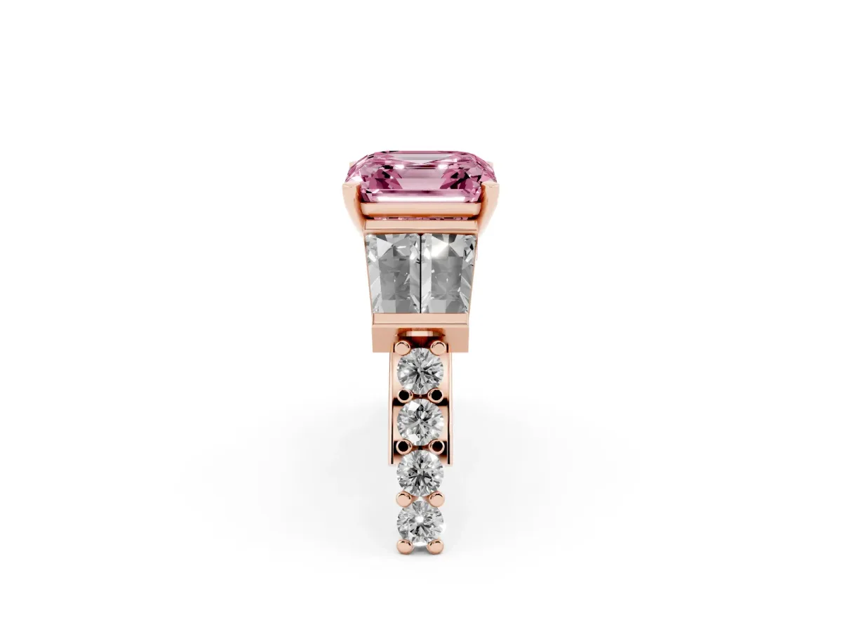 Fancy Pink Asscher Cut Diamond Engagement Ring with Baguette Side Stones and Channel Set Band Rose gold