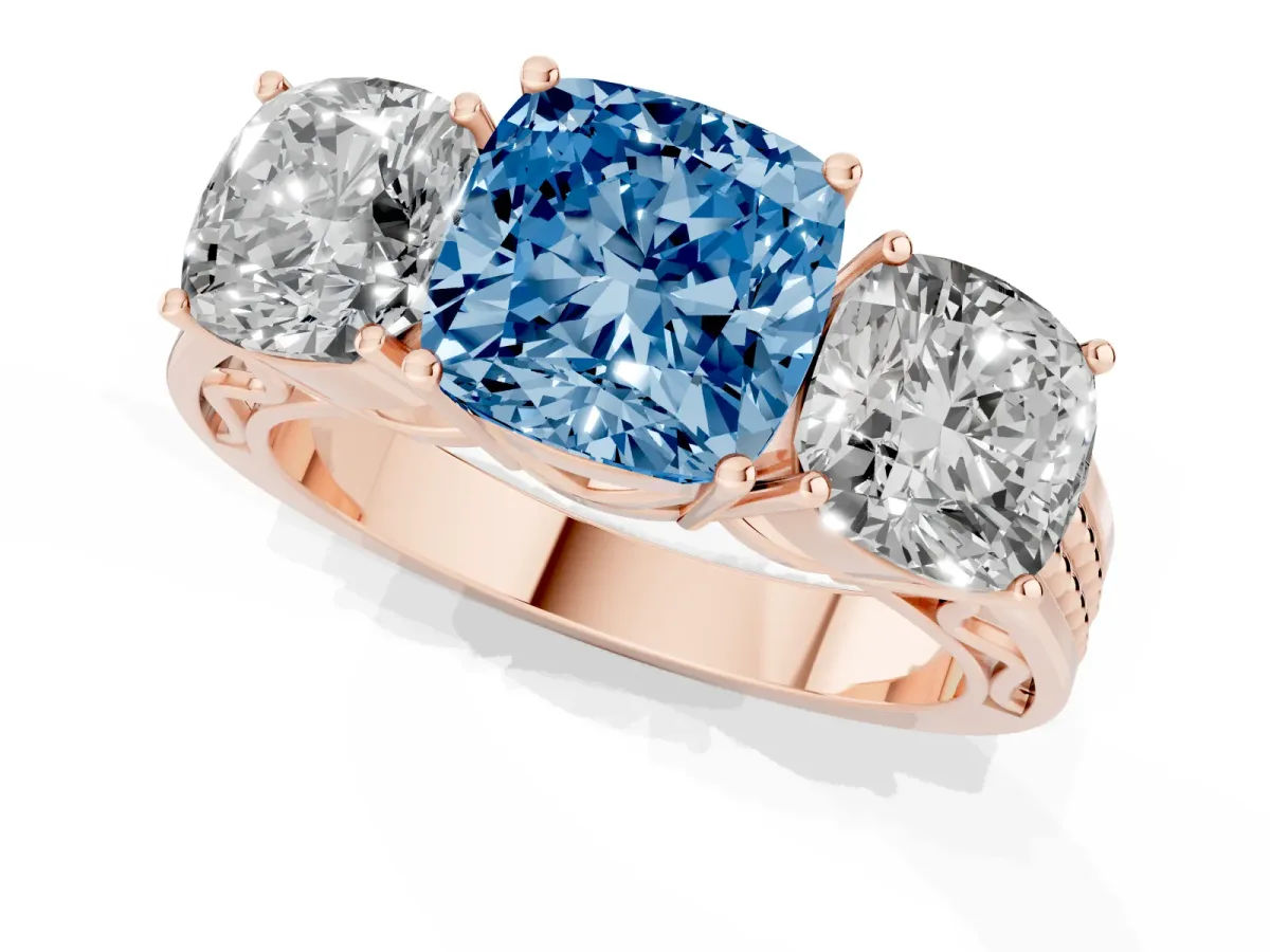 Fancy Blue Cushion Cut Diamond Three-Stone Ring with Prong Setting and Textured Band Rose gold