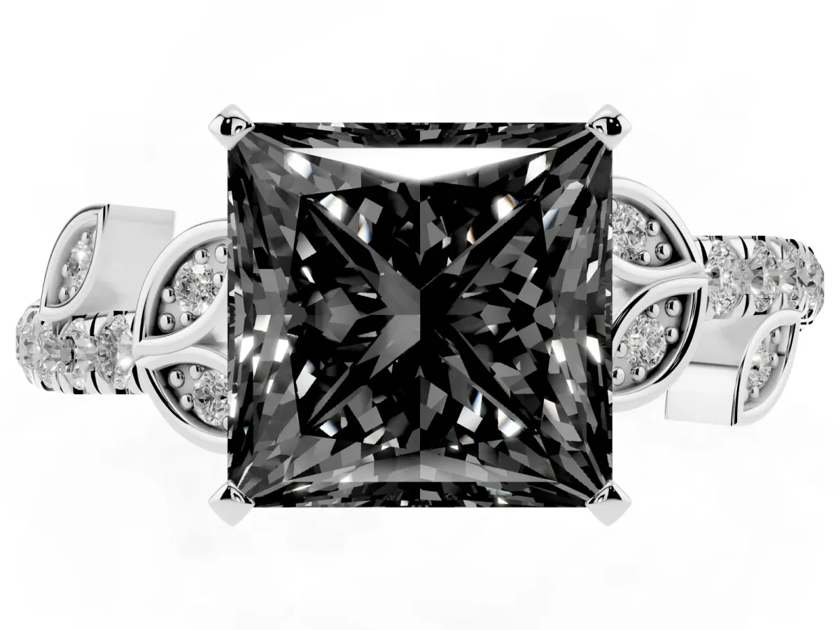 Fancy Black Princess Cut Solitaire Leaf-Inspired Diamond Ring with Pavé Band and Four-Prong Setting Silver