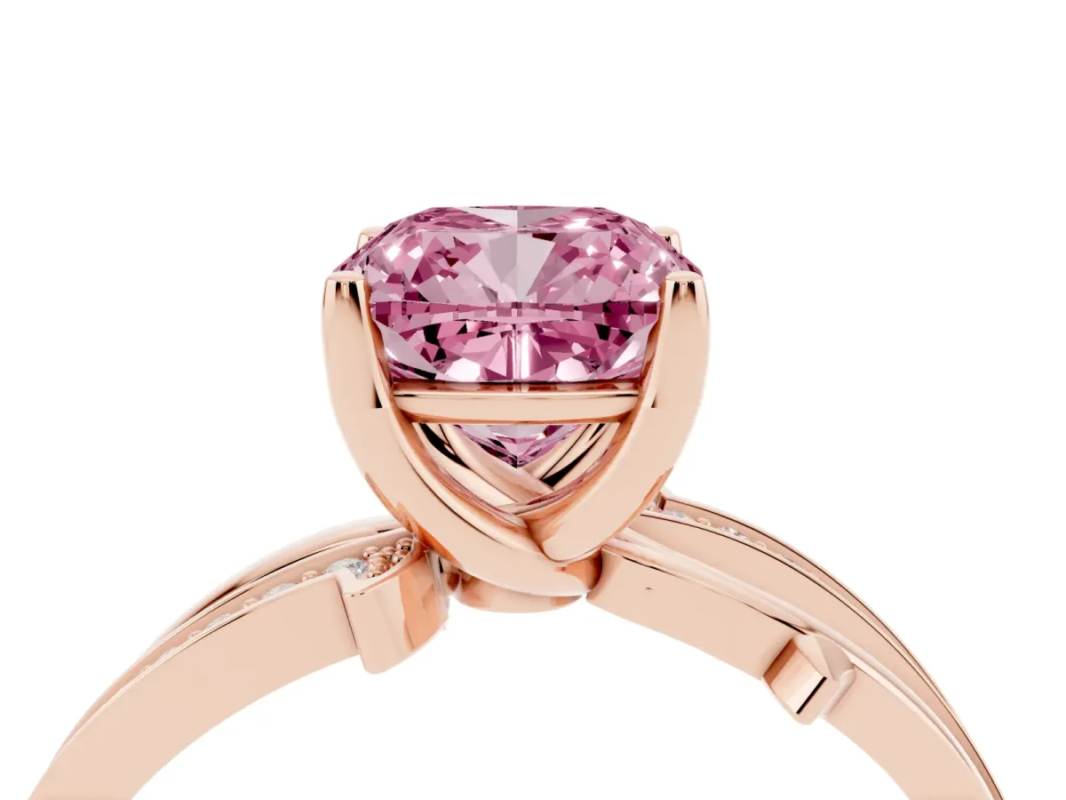Fancy Pink Cushion Cut Solitaire Twist Band with Pavé Accents and Four-Prong Setting Rose gold