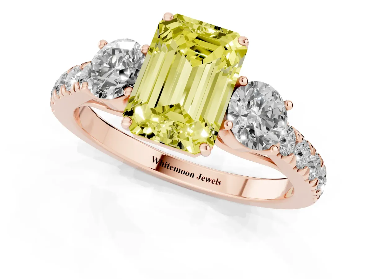 Fancy Yellow Emerald Cut Cut Diamond Three-Stone Ring with Round Side Stones and Pavé Band Rose gold