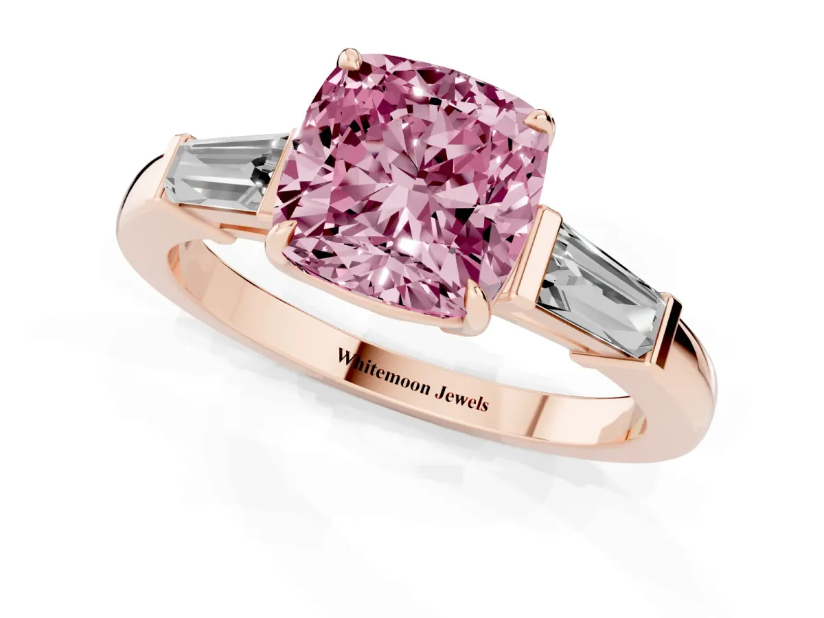 Fancy Pink Cushion Cut Diamond Three-Stone Ring with Tapered Baguette Side Stones and Prong Setting Rose gold