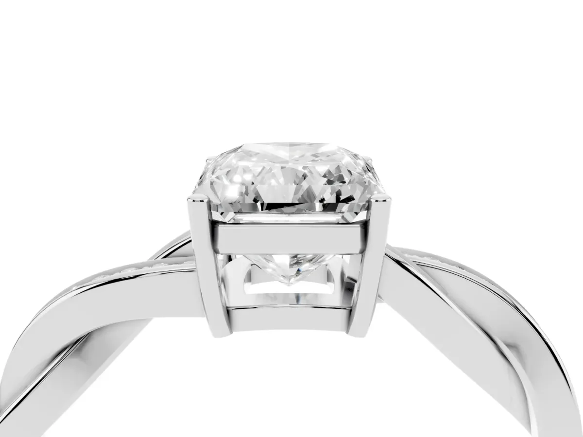 Radiant Cut Solitaire Twisted Pave Diamond Ring with Four-Prong Setting White gold