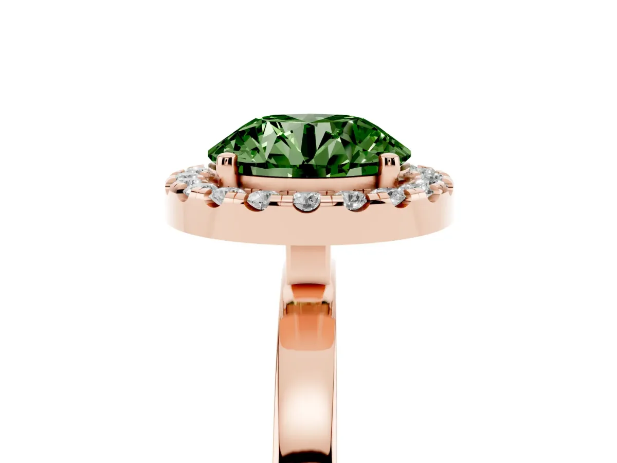 Fancy Green Round Cut Halo Diamond Solitaire with Pavé Band and Four-Prong Setting Rose gold