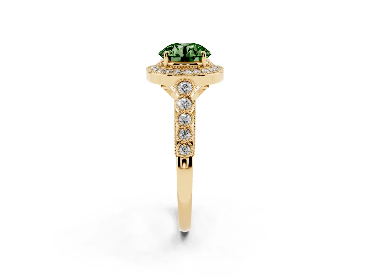 Fancy Green Round Cut Halo Milgrain Solitaire with Bezel Set Side Stones and Pave Band Yellow gold