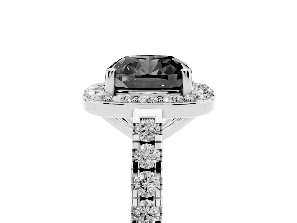 Fancy Black Cushion Cut Diamond Halo Ring with Round Pavé Split Shank and Prong Setting Silver