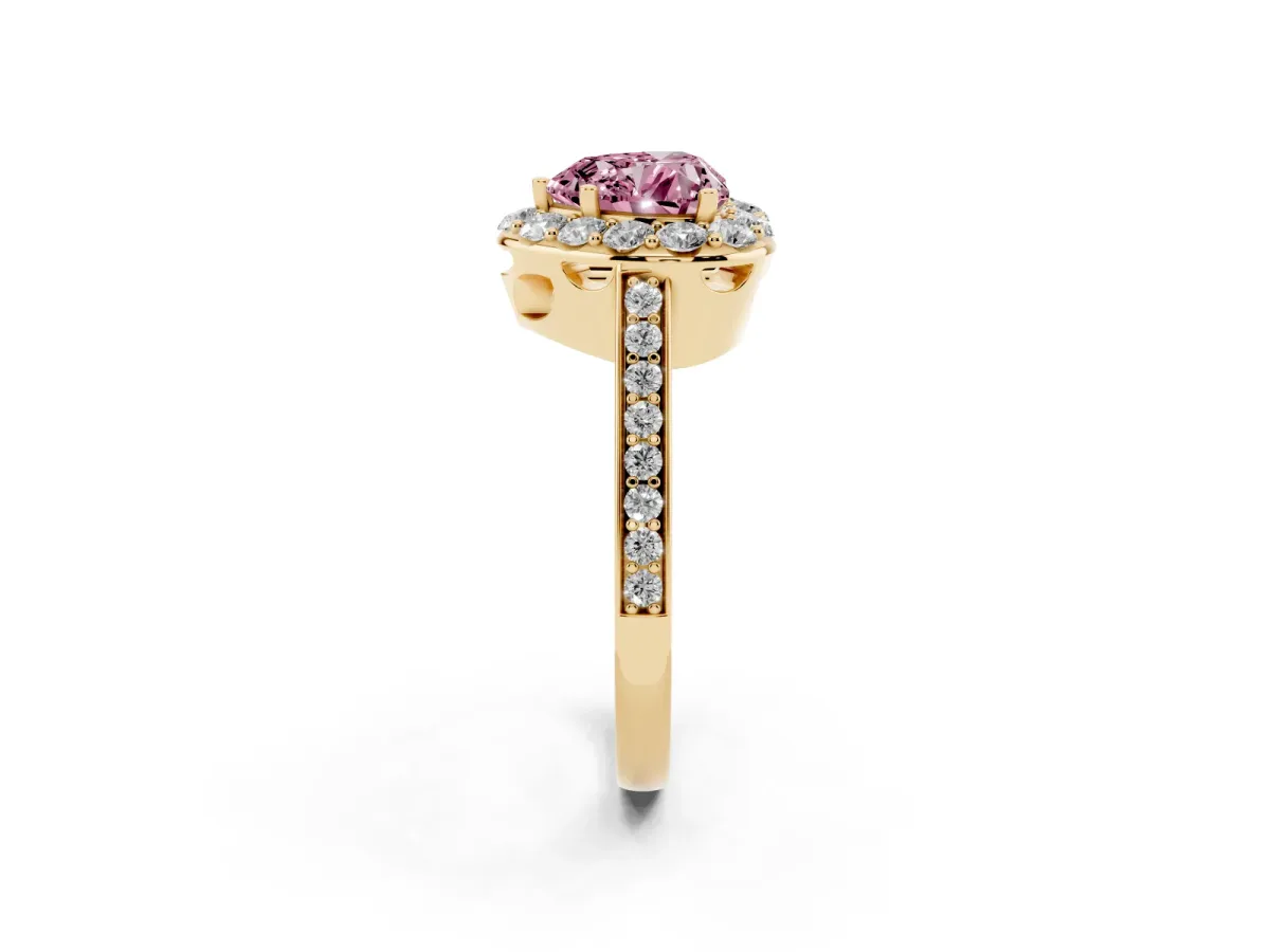 Fancy Pink Heart Cut Diamond Floral Halo Ring with Pavé Band and Prong Setting Yellow gold