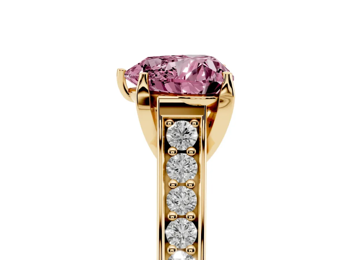 Fancy Pink Heart Cut Brilliant Cut Diamond Engagement Ring with Pavé Band and Four-Prong Setting Yellow gold