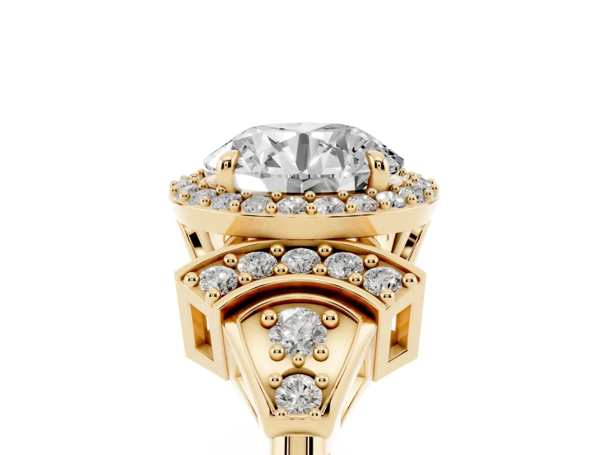 Round Cut Halo Diamond Split Shank Engagement Ring with Four-Prong Setting Yellow gold