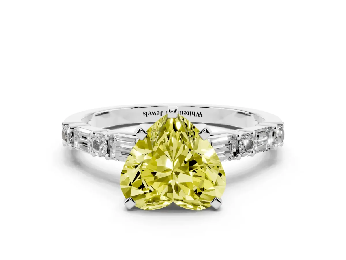 Fancy Yellow Heart Cut Diamond Solitaire with Side Baguettes and Channel Set Band Silver