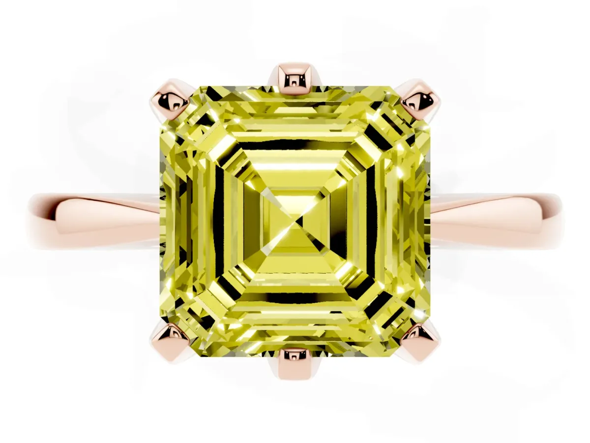 Fancy Yellow Asscher Cut Solitaire Engagement Ring with Six-Prong Setting and Tapered Band Rose gold