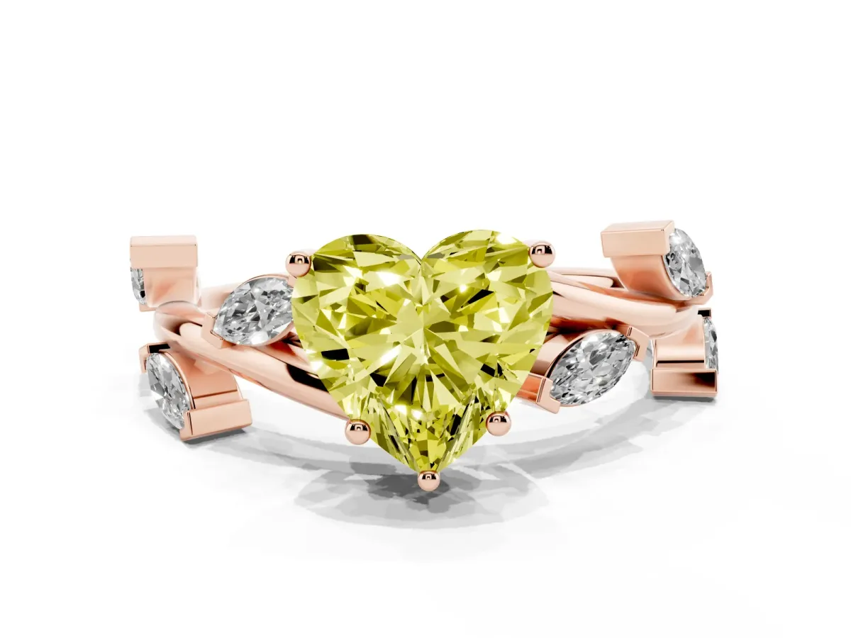 Fancy Yellow Heart Cut Solitaire Twisted Band Marquise Accent Prong Setting Ring Rose gold