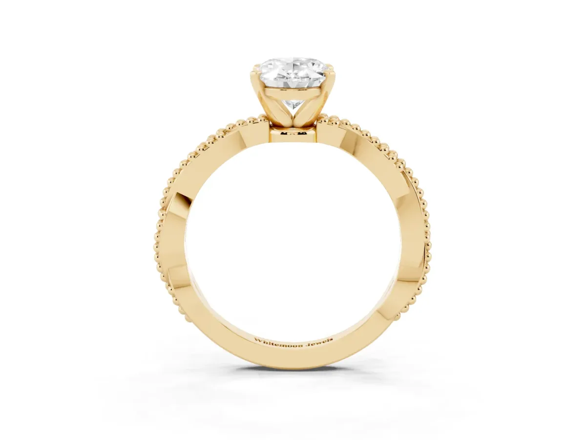 Oval Cut Solitaire Twisted Band with Bead Prong Setting Yellow gold