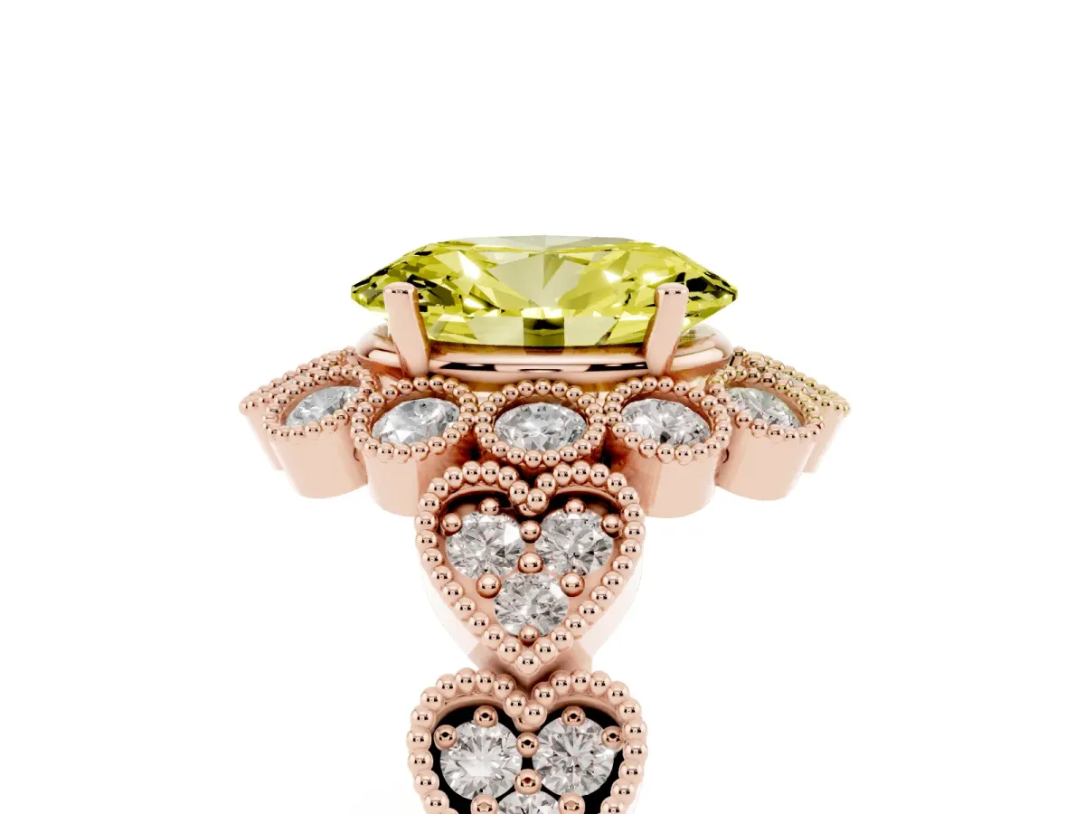 Fancy Yellow Oval Cut Brilliant Milgrain Pave Heart Band Solitaire Ring Rose gold