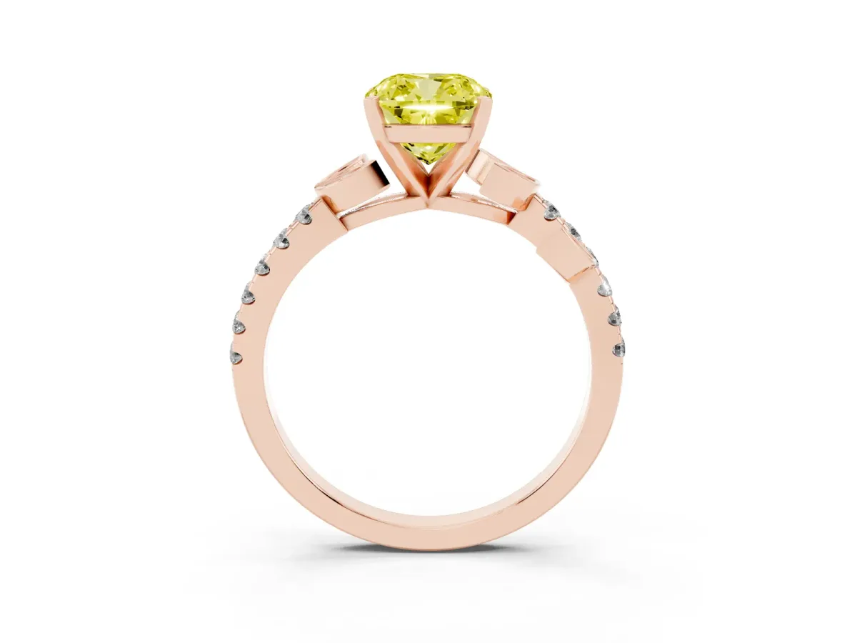 Fancy Yellow Cushion Cut Solitaire Leaf-Inspired Diamond Ring with Pavé Band and Four-Prong Setting Rose gold