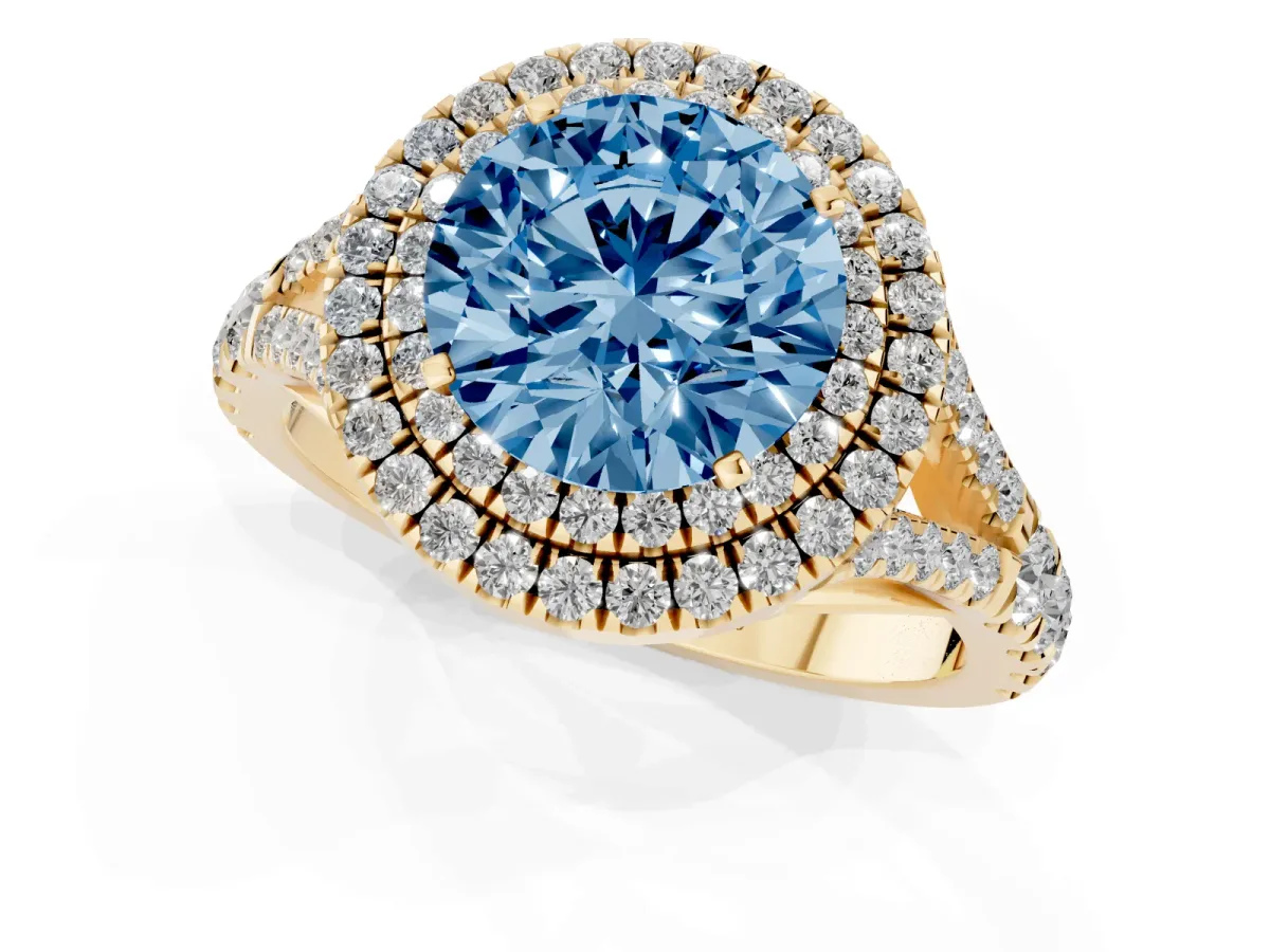 Fancy Blue Round Cut Cut Double Halo Split Shank Diamond Ring with Prong Setting Yellow gold