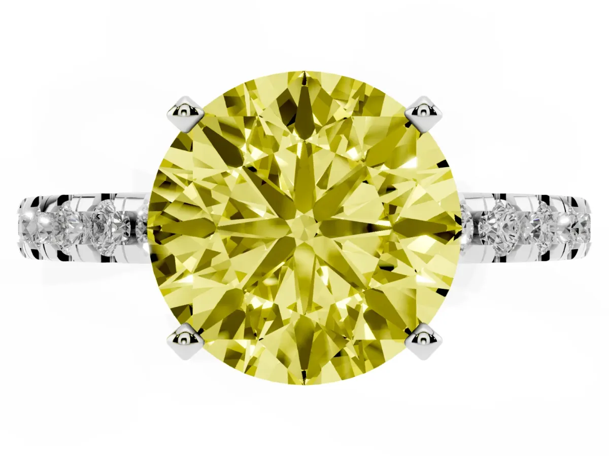 Fancy Yellow Round Cut Diamond Solitaire Ring with Round Pavé Band and Four-Prong Setting Silver