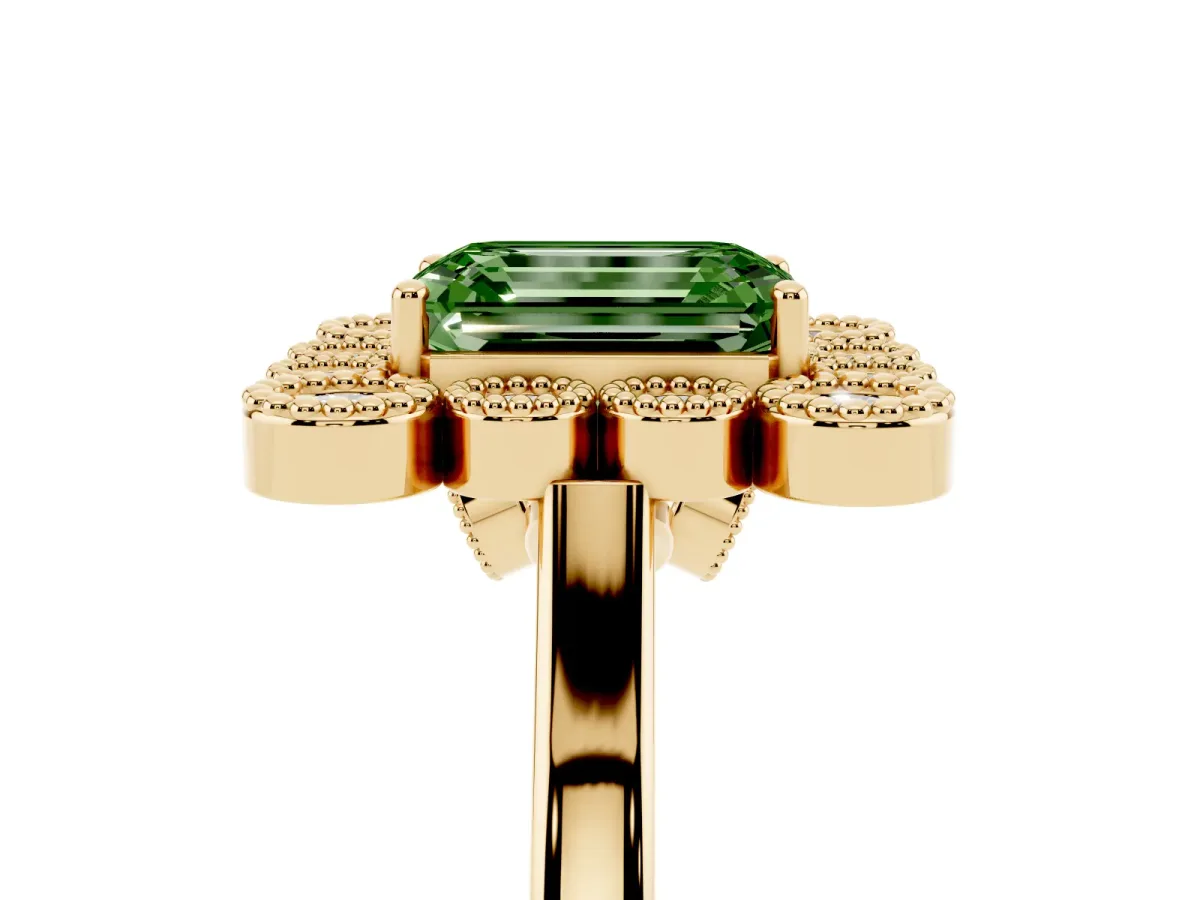 Fancy Green Emerald Cut Halo Diamond Cluster Engagement Ring with Milgrain Bezel Setting and Solitaire Band Yellow gold