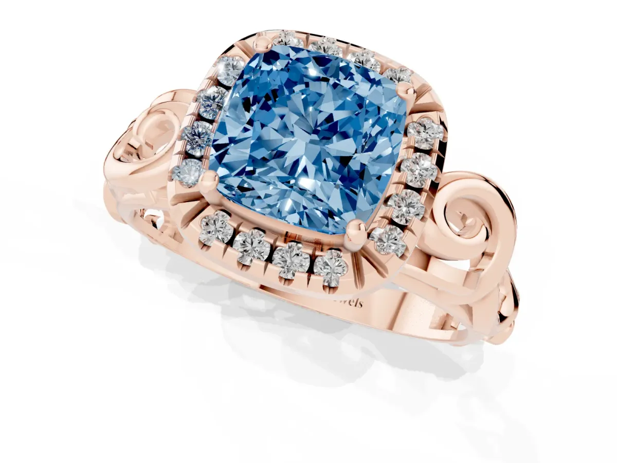 Fancy Blue Cushion Cut Cut Halo Diamond Ring with Scrollwork Band and Four-Prong Setting Rose gold