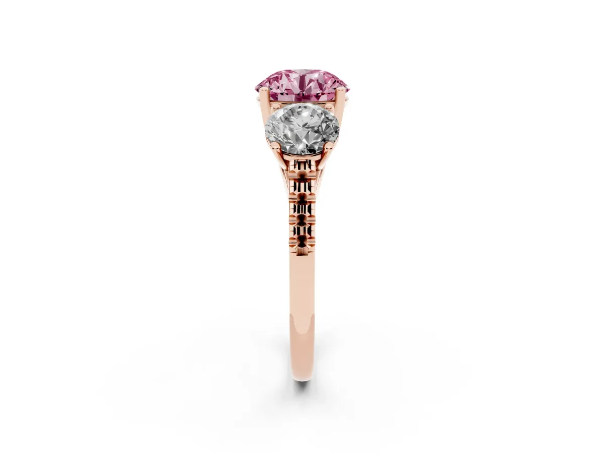 Fancy Pink Three-Stone Round Cut Diamond Ring with Round Pavé Band and Prong Setting Rose gold