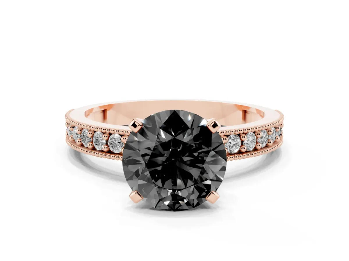 Fancy Black Round Cut Diamond Milgrain Pavé Engagement Ring with Four-Prong Setting Rose gold
