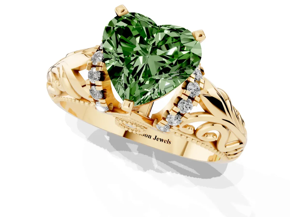 Fancy Green Heart Cut Solitaire Filigree Engagement Ring with Halo and Prong Setting Yellow gold