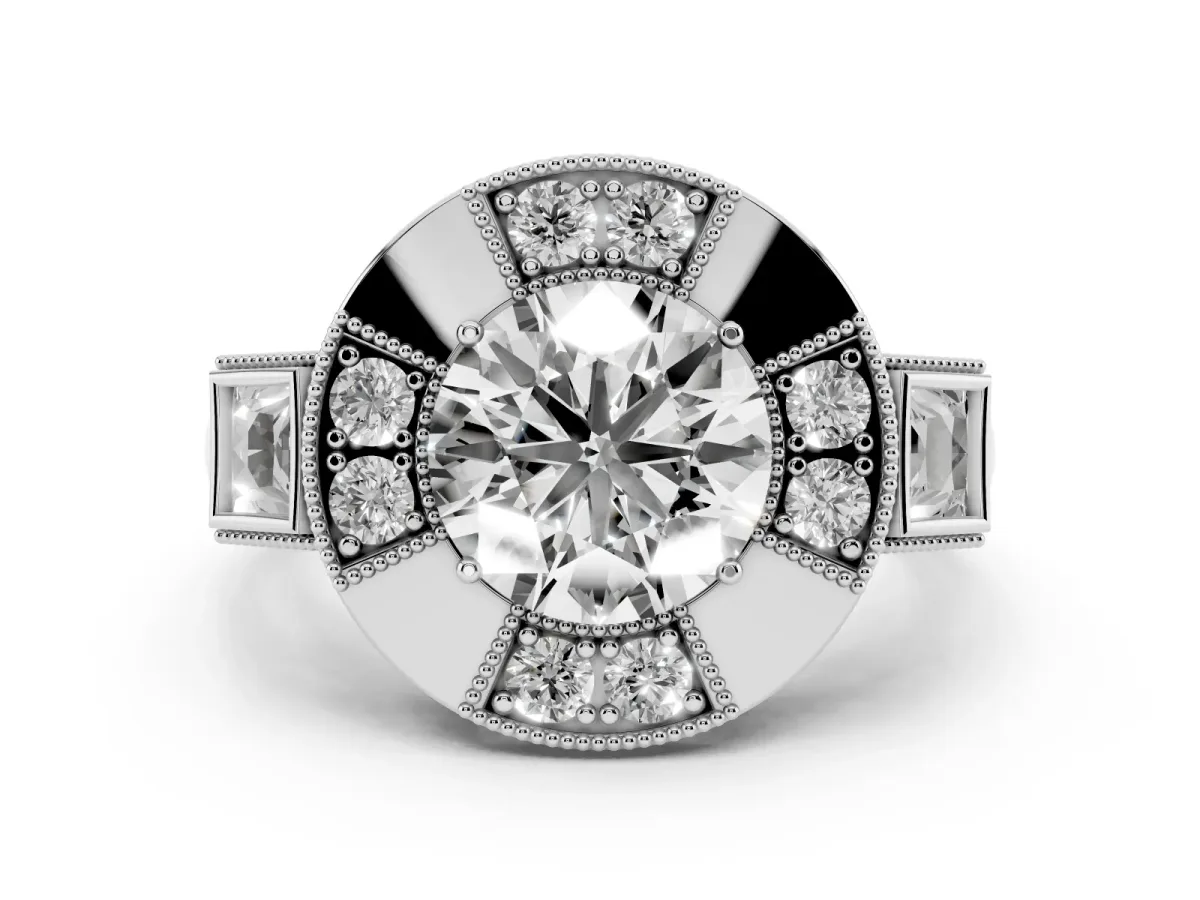 Milgrain Round Cut Diamond Halo Split Shank Ring Platinum