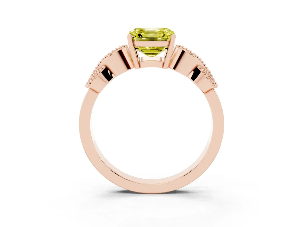 Fancy Yellow Asscher Cut Solitaire Milgrain Leaf Band with Prong Setting Rose gold