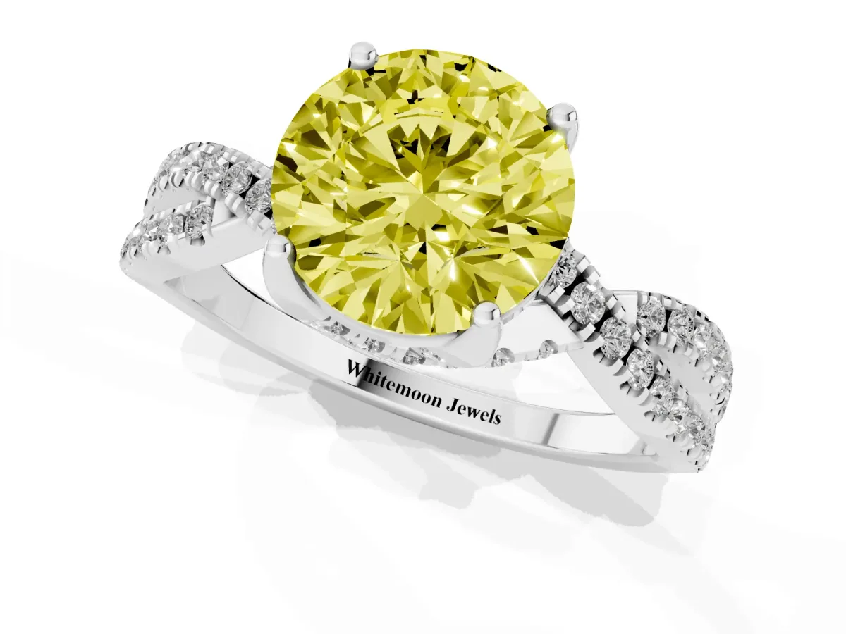 Fancy Yellow Round Cut Solitaire Twist Pave Diamond Engagement Ring with Prong Setting Silver