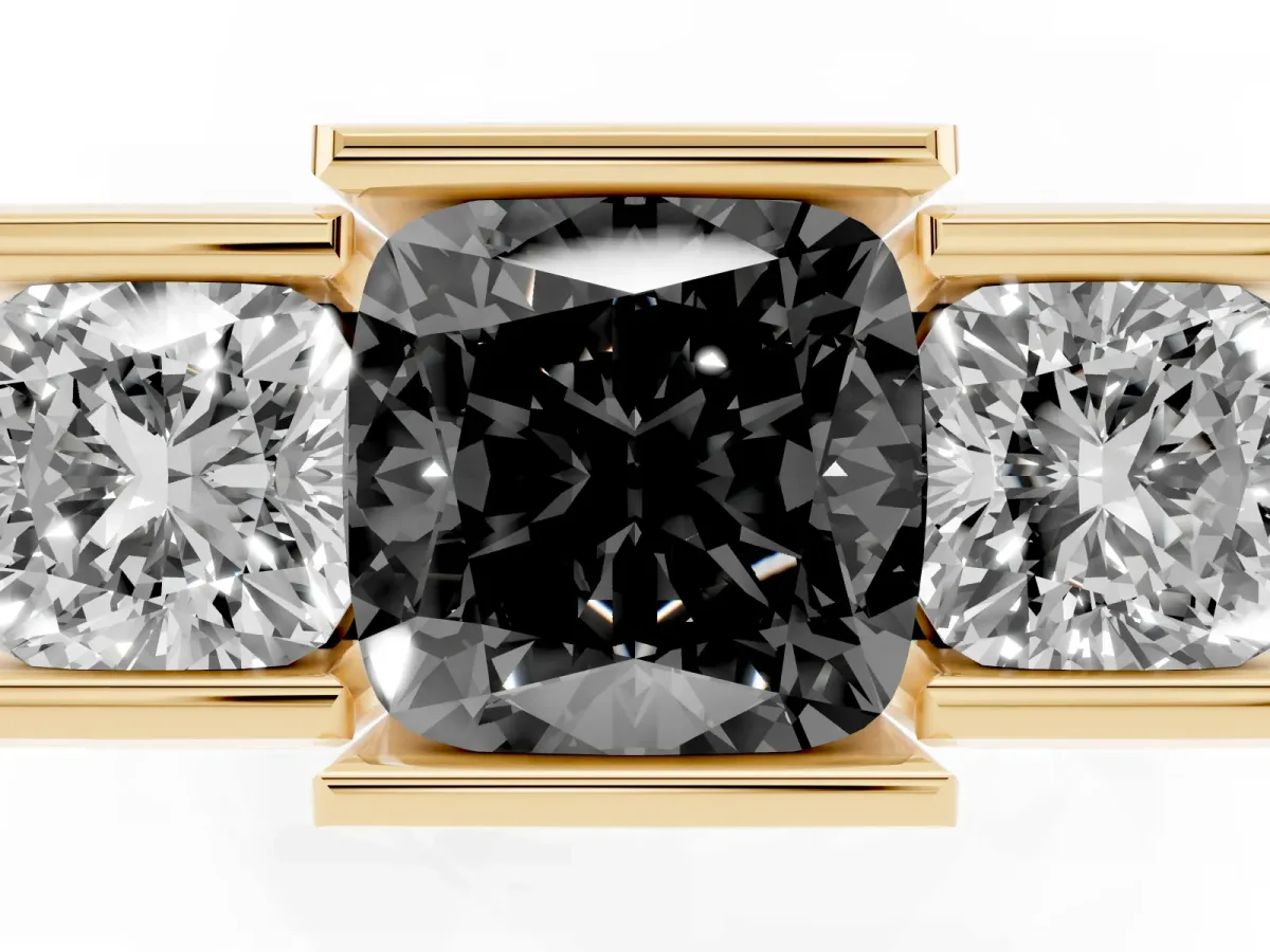 Fancy Black Three Stone Cushion Cut Cut Channel Set Diamond Ring Yellow gold
