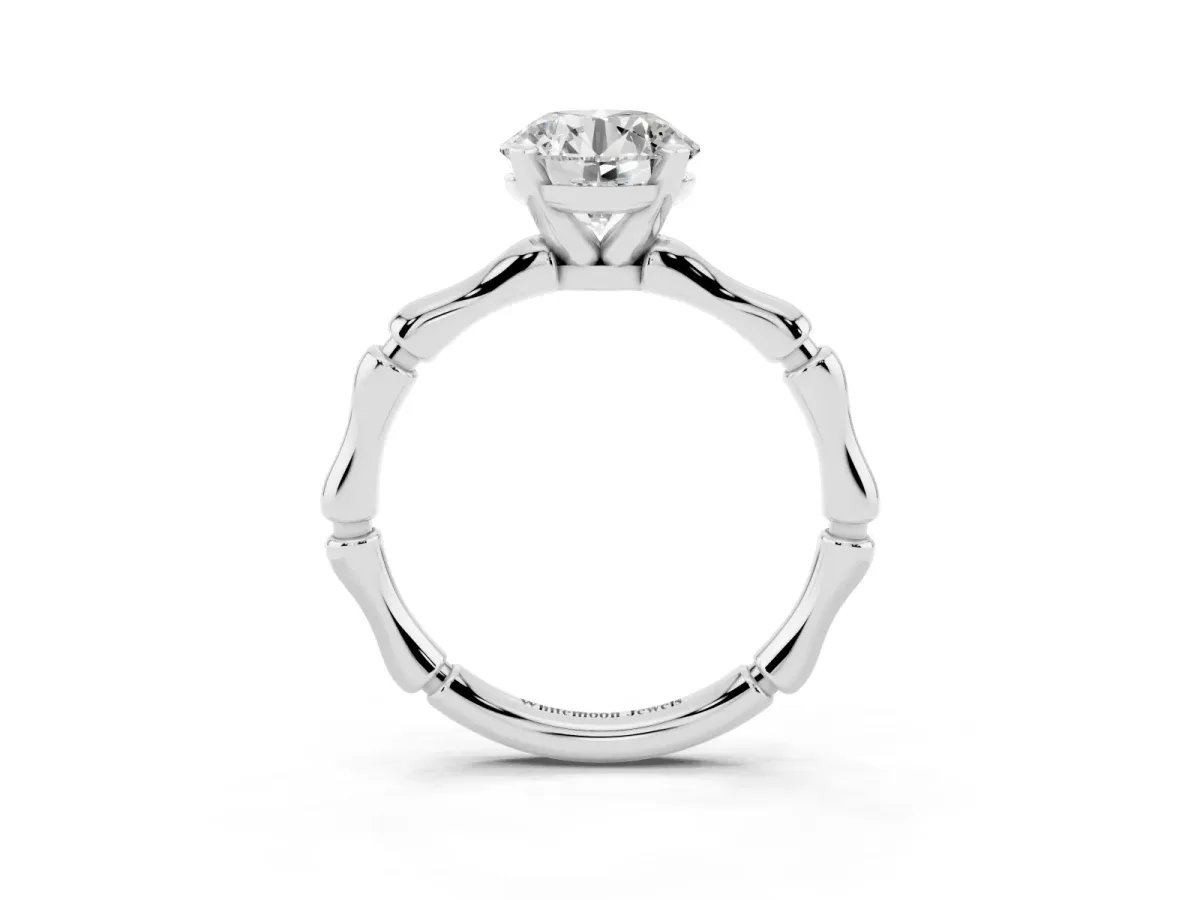 Round Cut Solitaire Diamond Ring with Bamboo Band and Four-Prong Setting Silver