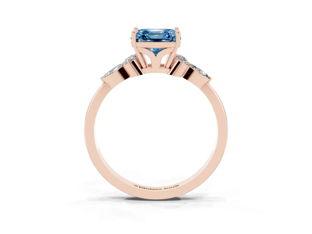 Fancy Blue Asscher Cut Brilliant Diamond Solitaire Ring with Pear Side Stones and Four-Prong Setting Rose gold