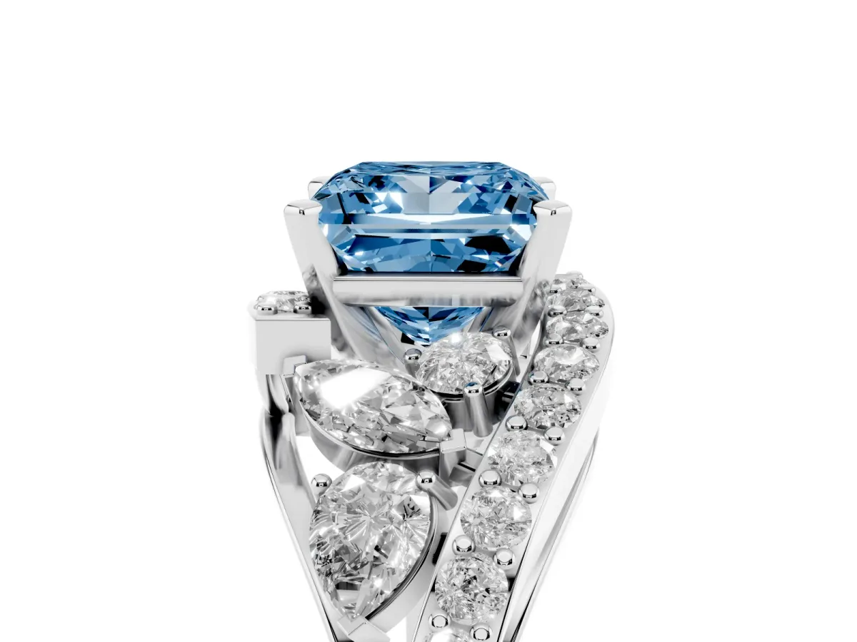Fancy Blue Princess Cut Diamond Halo Ring with Marquise and Pavé Band in Prong Setting White gold