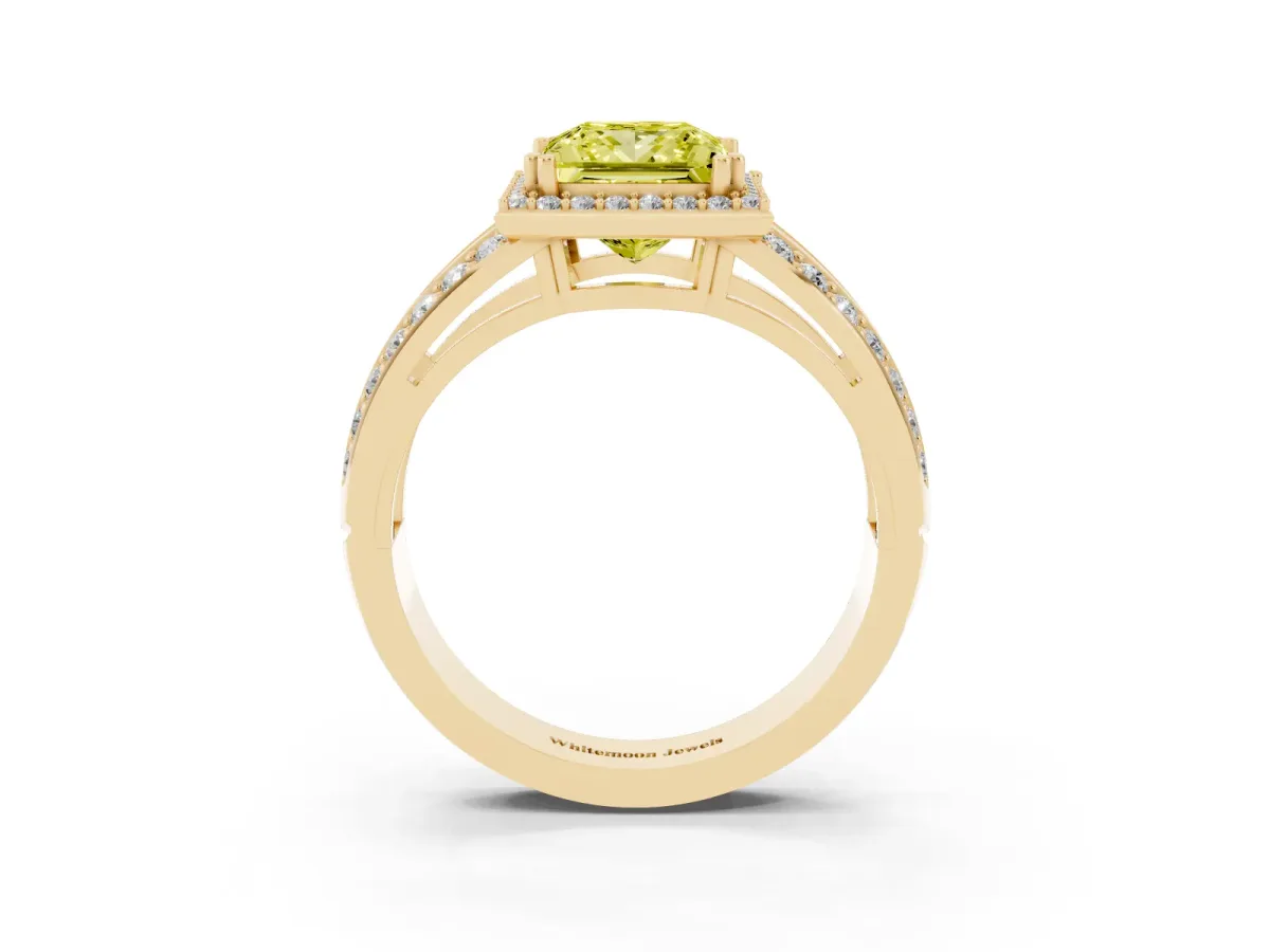 Fancy Yellow Princess Cut Diamond Halo Ring with Split Shank Pavé Band and Four-Prong Setting Yellow gold