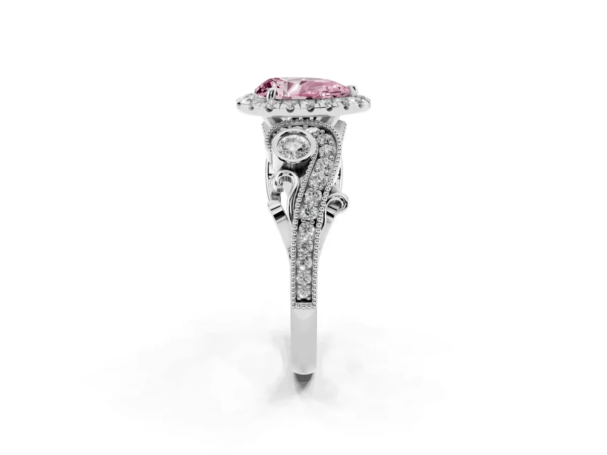 Fancy Pink Pear Cut Halo Diamond Ring with Milgrain and Bezel Accents on a Split Shank Band Silver