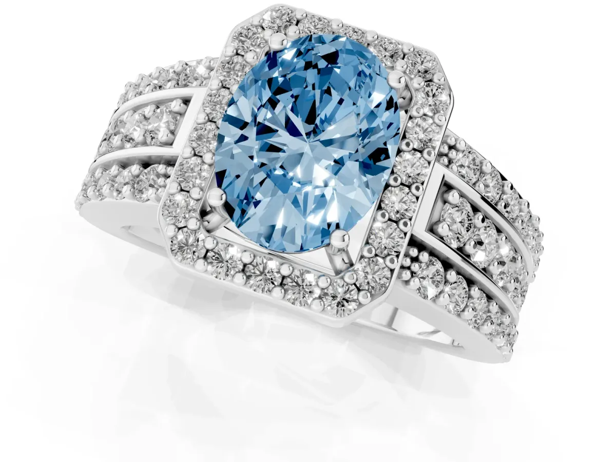 Fancy Blue Oval Cut Halo Diamond Ring with Round Split Shank and Prong Setting White gold