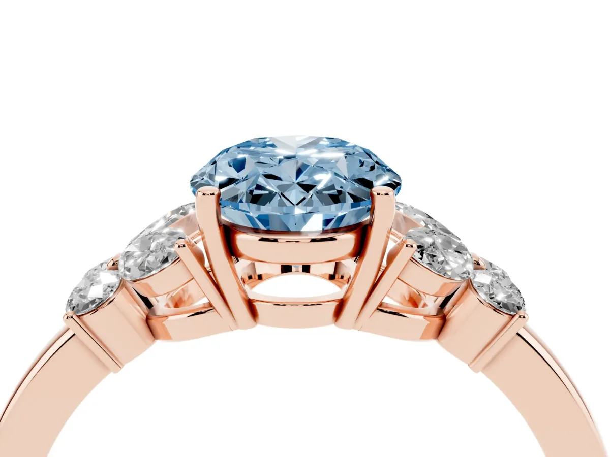 Fancy Blue Oval Cut Cut Solitaire Floral Diamond Ring with Four-Prong Setting Rose gold