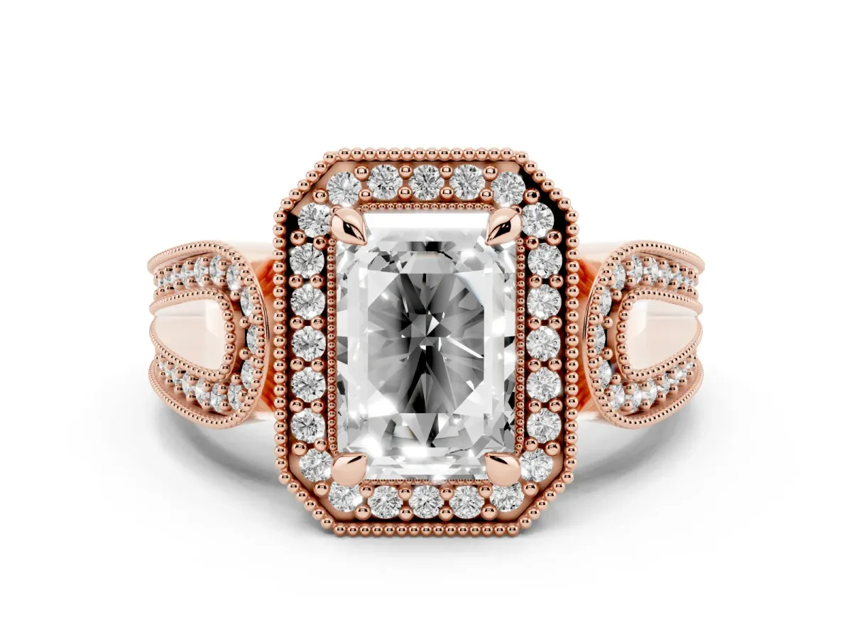 Emerald Cut Halo Split Shank Milgrain Diamond Ring Rose gold
